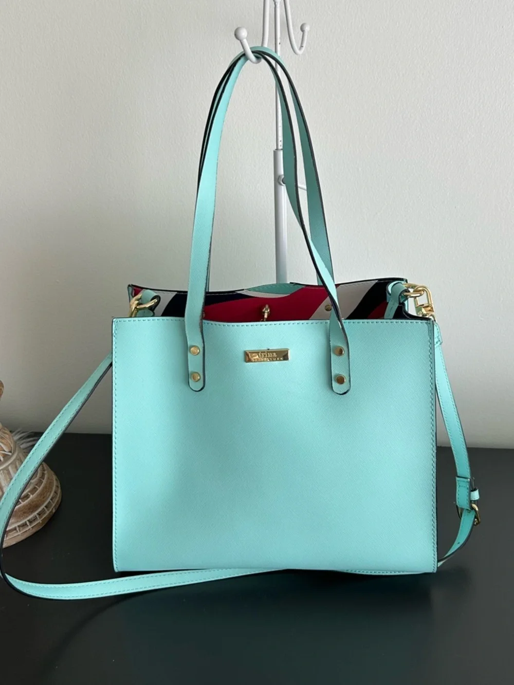 Trina Turk Aqua Blue Structured Tote Crossbody Bag Gold Hardware Satchel - Picture 7 of 8